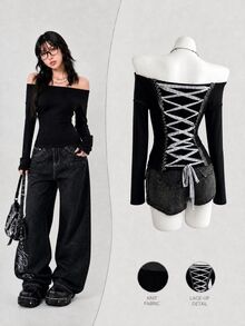 Mori Grove Mori Grove Casual Versatile Off Shoulder Back Lace-Up Black Lace Women's Sweatshirt - Black - View 5