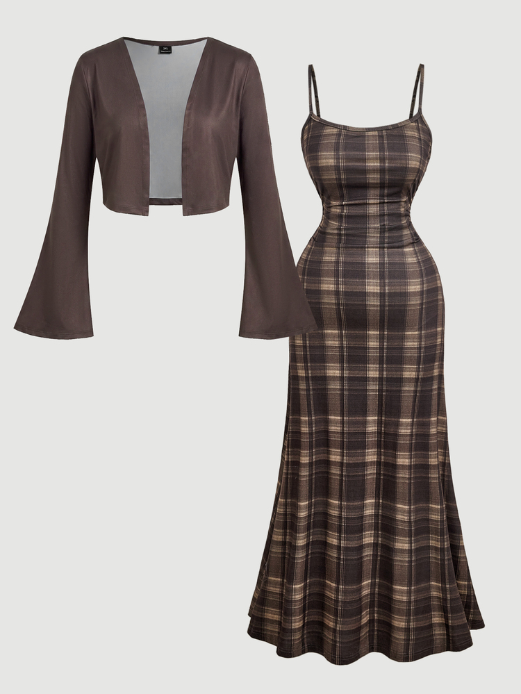 SHEIN MOD Women's Plus Size Autumn Vintage Plaid Dress 2 Pieces Set, Brown, Commute, Retro,Vacation Outfits Women,Brown ,Autumn Outfit,Winter Set , Halloween - Brown - View 2