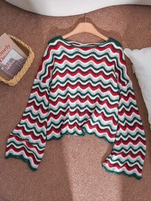 CosyJoli Plus Size Fashion White And Green Colorblock Hollow Long Sleeve Sweater Christmas Fall Party Evening 1950s Vintage Casual - Multicolor - View 6