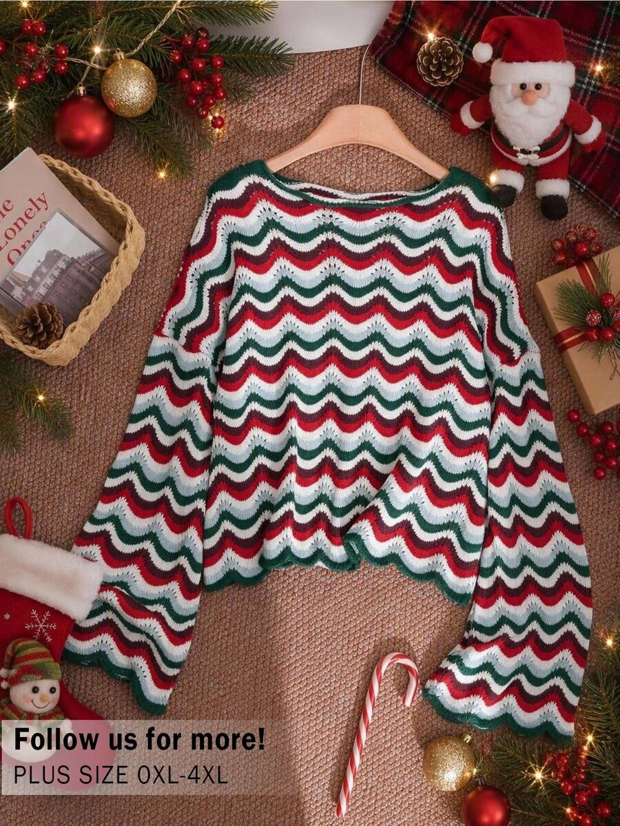 CosyJoli Plus Size Fashion White And Green Colorblock Hollow Long Sleeve Sweater Christmas Fall Party Evening 1950s Vintage Casual - Multicolor - View 1