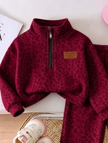 Infant Girls Pink Leopard Print Fleece Two Pieces Set, Half-Zip Stand Collar Top + Wide Leg Pants, Thick Plush Lining, Stamp Decoration, Winter - Multicolor - View 3