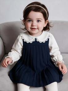 SHEIN Infant Toddler Baby Girl Autumn Winter Retro Varsity Patchwork Pleated Dresses, Kids Sweet Flower Lace Ruffle Collar Princess Sundress Outfits - Navy Blue - View 2