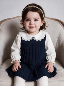 SHEIN Infant Toddler Baby Girl Autumn Winter Retro Varsity Patchwork Pleated Dresses, Kids Sweet Flower Lace Ruffle Collar Princess Sundress Outfits - Navy Blue - View 12