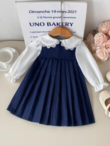 SHEIN Infant Toddler Baby Girl Autumn Winter Retro Varsity Patchwork Pleated Dresses, Kids Sweet Flower Lace Ruffle Collar Princess Sundress Outfits - Navy Blue - View 3