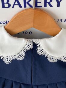 SHEIN Infant Toddler Baby Girl Autumn Winter Retro Varsity Patchwork Pleated Dresses, Kids Sweet Flower Lace Ruffle Collar Princess Sundress Outfits - Navy Blue - View 6