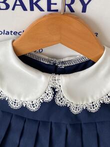 SHEIN Infant Toddler Baby Girl Autumn Winter Retro Varsity Patchwork Pleated Dresses, Kids Sweet Flower Lace Ruffle Collar Princess Sundress Outfits - Navy Blue - View 4