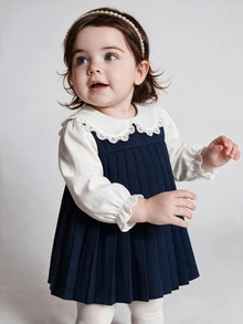 SHEIN Infant Toddler Baby Girl Autumn Winter Retro Varsity Patchwork Pleated Dresses, Kids Sweet Flower Lace Ruffle Collar Princess Sundress Outfits - Navy Blue - View 10