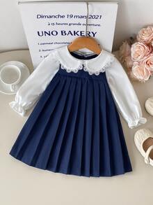 SHEIN Infant Toddler Baby Girl Autumn Winter Retro Varsity Patchwork Pleated Dresses, Kids Sweet Flower Lace Ruffle Collar Princess Sundress Outfits - Navy Blue - View 1