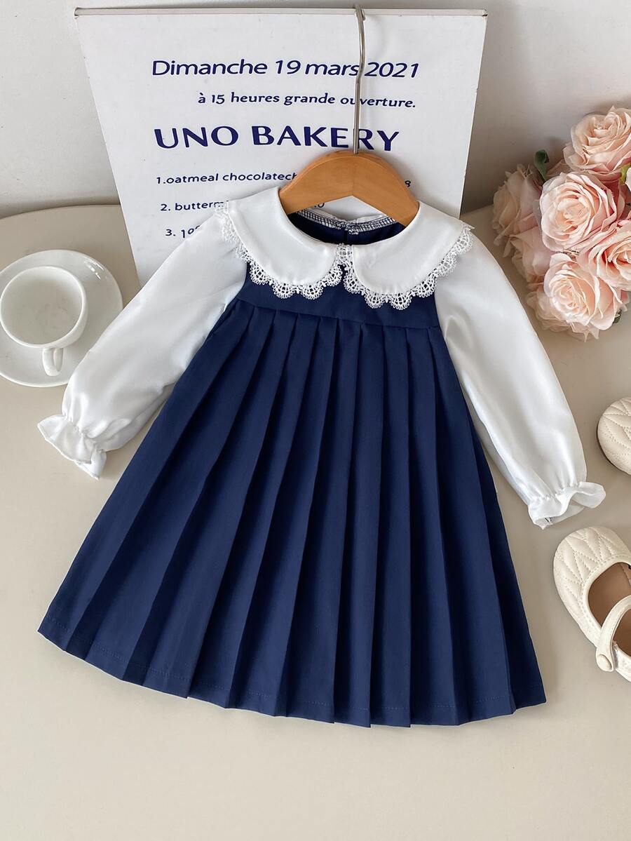 SHEIN Infant Toddler Baby Girl Autumn Winter Retro Varsity Patchwork Pleated Dresses, Kids Sweet Flower Lace Ruffle Collar Princess Sundress Outfits - Navy Blue - View 1