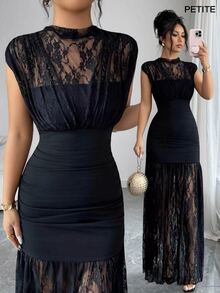 SHEIN PETITE Women's Contrast Lace Cap Sleeve Fitted Elegant Dress - Black - View 1