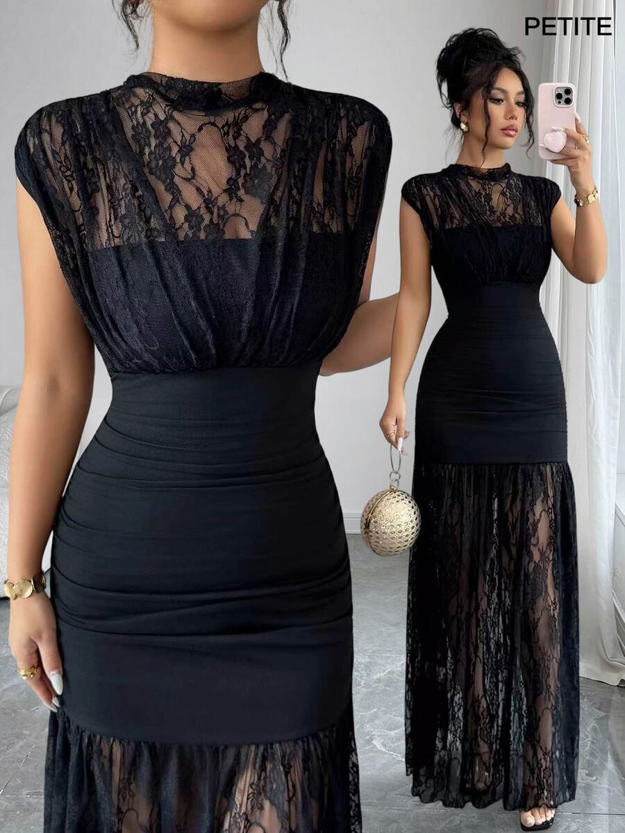 SHEIN PETITE Women's Contrast Lace Cap Sleeve Fitted Elegant Dress - Black - View 1