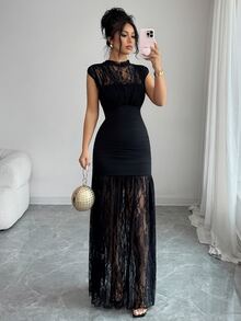 SHEIN PETITE Women's Contrast Lace Cap Sleeve Fitted Elegant Dress - Black - View 5