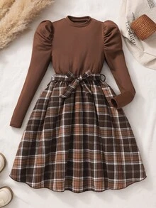 SHEIN Tween Girls Casual Plaid Patchwork Long Puff Gigot Sleeve Round Neck Bow Front A-Line Dress, Fall/Winter Style, Soft, Fashionable, And Elegant - Brown - View 5