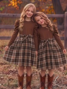 SHEIN Tween Girls Casual Plaid Patchwork Long Puff Gigot Sleeve Round Neck Bow Front A-Line Dress, Fall/Winter Style, Soft, Fashionable, And Elegant - Brown - View 4