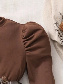 SHEIN Tween Girls Casual Plaid Patchwork Long Puff Gigot Sleeve Round Neck Bow Front A-Line Dress, Fall/Winter Style, Soft, Fashionable, And Elegant - Brown - View 7