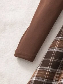 SHEIN Tween Girls Casual Plaid Patchwork Long Puff Gigot Sleeve Round Neck Bow Front A-Line Dress, Fall/Winter Style, Soft, Fashionable, And Elegant - Brown - View 11