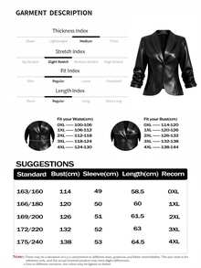SHEIN LUNE CURVE Plus Size Women's PU Leather Casual Smart Jacket With Buttons, Ruched Cuffs, Suitable For Commuting Halloween Formal Going Out Office Black Autumn - Black - View 6