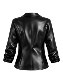 SHEIN LUNE CURVE Plus Size Women's PU Leather Casual Smart Jacket With Buttons, Ruched Cuffs, Suitable For Commuting Halloween Formal Going Out Office Black Autumn - Black - View 2