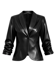 SHEIN LUNE CURVE Plus Size Women's PU Leather Casual Smart Jacket With Buttons, Ruched Cuffs, Suitable For Commuting Halloween Formal Going Out Office Black Autumn - Black - View 1