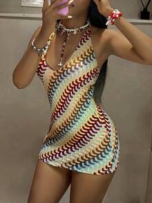 Flirla Women's Dark Red Vacation Style Asymmetrical Shoulder Fitted Mini Dress Club Vacation Summer Sexy - Multicolor - View 4
