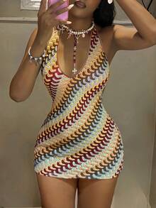 Flirla Women's Dark Red Vacation Style Asymmetrical Shoulder Fitted Mini Dress Club Vacation Summer Sexy - Multicolor - View 3