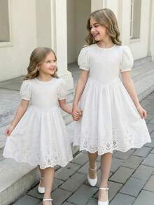 SHEIN Tween Girl Ruched Matching Elegant White Puff Sleeve A-Line Mini Dress For Older Tween Girl, Spring, Summer, Casual, Outfit - White - View 4