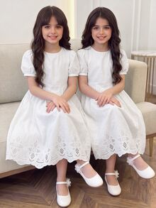 SHEIN Tween Girl Ruched Matching Elegant White Puff Sleeve A-Line Mini Dress For Older Tween Girl, Spring, Summer, Casual, Outfit - White - View 3