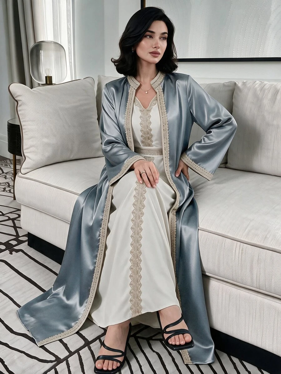 Layrah Al-Adha Women's Water Soluble Lace Embroidered Patchwork Modest Robe Abaya & Dress Set,Moroccan Caftan Muslim Fashion Elegant Luxury Party Style - Dusty Blue - View 1