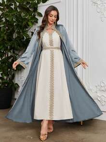 Layrah Al-Adha Women's Water Soluble Lace Embroidered Patchwork Modest Robe Abaya & Dress Set,Moroccan Caftan Muslim Fashion Elegant Luxury Party Style - Dusty Blue - View 7