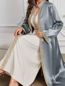 Layrah Al-Adha Women's Water Soluble Lace Embroidered Patchwork Modest Robe Abaya & Dress Set,Moroccan Caftan Muslim Fashion Elegant Luxury Party Style - Dusty Blue - View 3