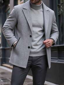 Manfinity Mode معطف صوف رمادي فاتح متوسط الطول للرجال مع ياقة مسننة، تصميم أحادي الصدر مع زرين، قص بسيط، جيوب مائلة، معطف صوف متعدد الاستخدامات للخريف والشتاء، مناسب للمناسبات العملية والكاجوال. - رمادي فاتح - مشاهدة 1
