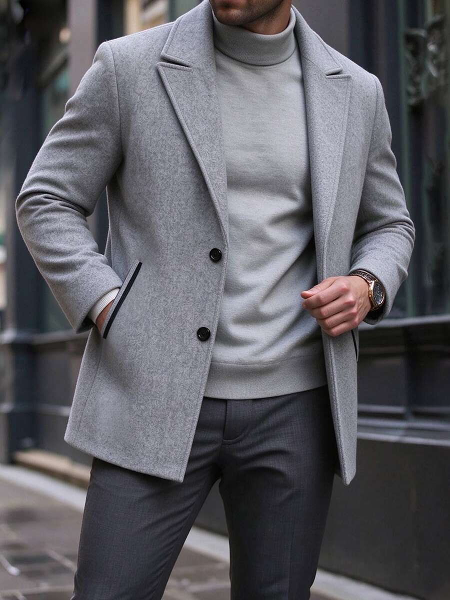 Manfinity Mode معطف صوف رمادي فاتح متوسط الطول للرجال مع ياقة مسننة، تصميم أحادي الصدر مع زرين، قص بسيط، جيوب مائلة، معطف صوف متعدد الاستخدامات للخريف والشتاء، مناسب للمناسبات العملية والكاجوال. - رمادي فاتح - مشاهدة 1