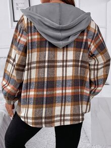 EMERY ROSE Plus Plaid Drop Shoulder Drawstring Hooded Jacket Fall Winter Cloth For Women Autumn - Multicolor - View 2