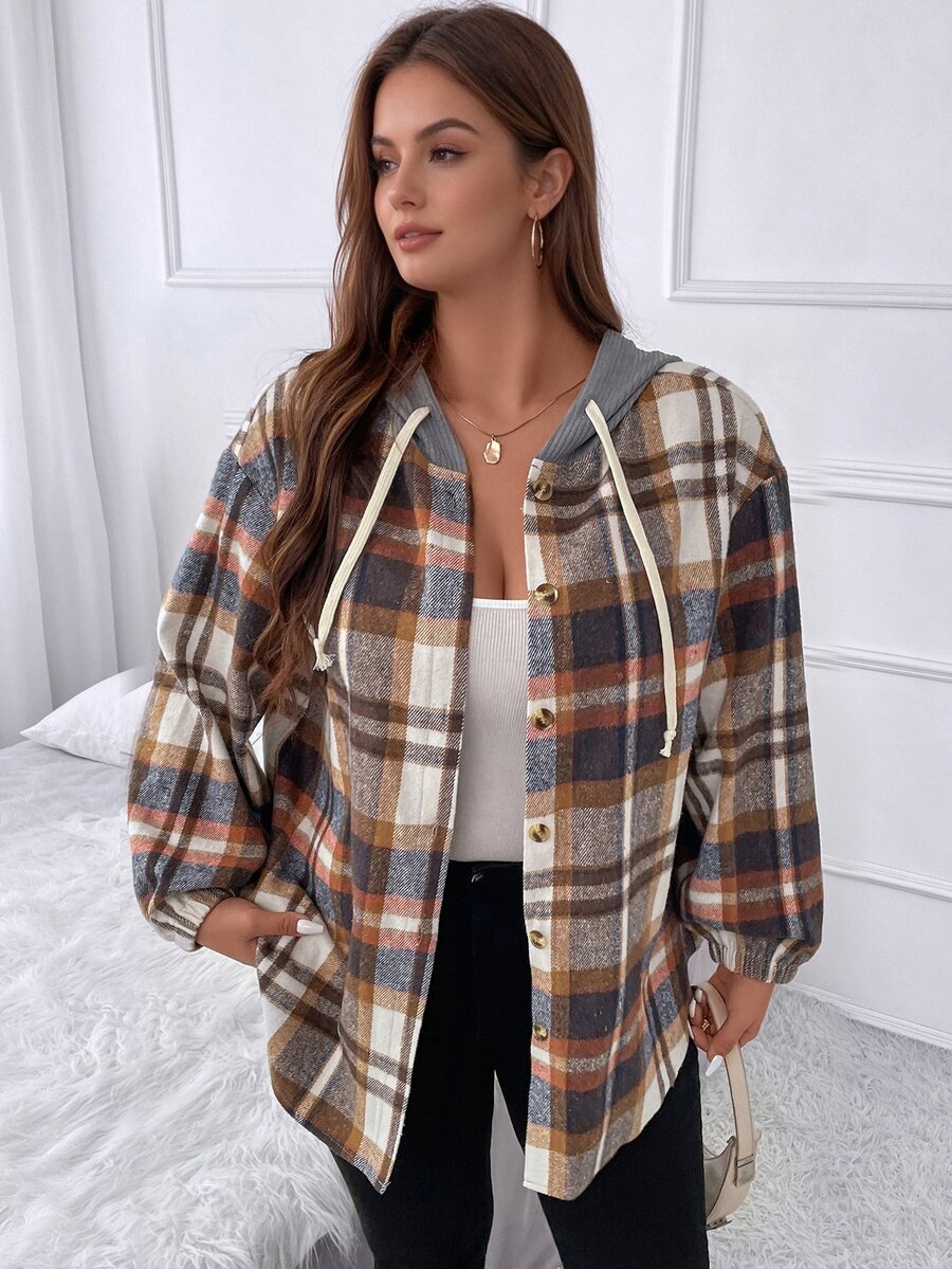 EMERY ROSE Plus Plaid Drop Shoulder Drawstring Hooded Jacket Fall Winter Cloth For Women Autumn - Multicolor - View 1