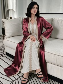 Al Najma 女士水溶性蕾丝拼接连衣裙，带外套，穆斯林时尚长袍，适合休闲/节日/聚会/旅行 - 酒紅色 - 查看 1