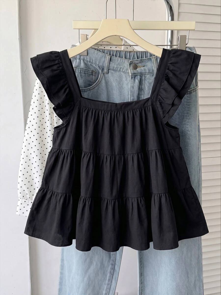 Teen Girl Spring/Summer New Black Fresh Woven Casual Cute Vacation Umbrella Hem Multi-Layered Doll Style Tank Top Beach Formal - Multicolor - View 1