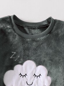 SHEIN Girls Pajamas Tween Girl Autumn/Winter Daily Casual Elegant Home Wear Long Sleeve Long Pants White Cloud Smile Sleep Symbol Embroidery Pattern And Starry Sky Pattern Fleece Set - Grey - View 4