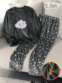 SHEIN Girls Pajamas Tween Girl Autumn/Winter Daily Casual Elegant Home Wear Long Sleeve Long Pants White Cloud Smile Sleep Symbol Embroidery Pattern And Starry Sky Pattern Fleece Set - Grey - View 3