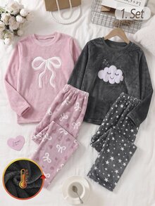 SHEIN Girls Pajamas Tween Girl Autumn/Winter Daily Casual Elegant Home Wear Long Sleeve Long Pants White Cloud Smile Sleep Symbol Embroidery Pattern And Starry Sky Pattern Fleece Set - Grey - View 7