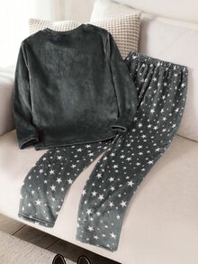 SHEIN Girls Pajamas Tween Girl Autumn/Winter Daily Casual Elegant Home Wear Long Sleeve Long Pants White Cloud Smile Sleep Symbol Embroidery Pattern And Starry Sky Pattern Fleece Set - Grey - View 2