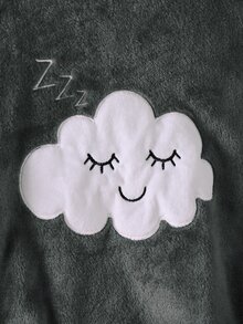 SHEIN Girls Pajamas Tween Girl Autumn/Winter Daily Casual Elegant Home Wear Long Sleeve Long Pants White Cloud Smile Sleep Symbol Embroidery Pattern And Starry Sky Pattern Fleece Set - Grey - View 5