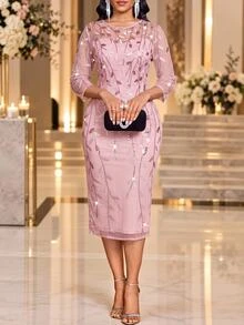 Fleurora Women's Round Neck Long Sleeve Transparent Patchwork Leaf Pattern Dusty Pink Elegant Midi Dress New Year Night Cocktail Party Holiday Fall - Pink - View 4