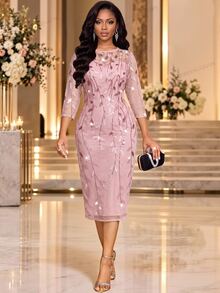 Fleurora Women's Round Neck Long Sleeve Transparent Patchwork Leaf Pattern Dusty Pink Elegant Midi Dress New Year Night Cocktail Party Holiday Fall - Pink - View 3