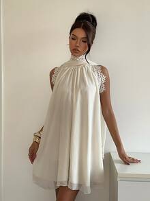 Aloruh Women's Elegant Chiffon Lace Patchwork Blouse With Ruffle Collar - Apricot - View 2