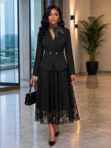 Fleurora Women's Black Lapel Neck Double-Breasted Jacket And Lace Skirt Elegant Suit Set Elegant Women's Set Winter Outfit For Women Work Outfits For Women - Black - View 3