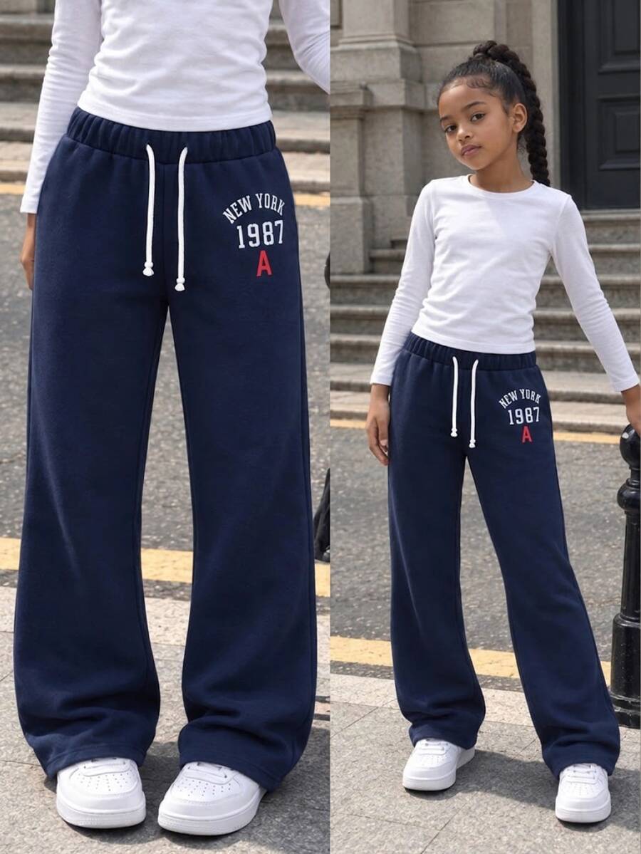 Tween Girl Navy Blue Letter Print Drawstring Flared Sweatpants Wide Leg Straight Leg Pants High Elastic Knit Snug Fit Cute Gymnastics Winter - Royal Blue - View 1