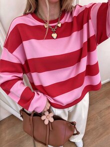 SuriyaCove Women's Autumn/Winter Basic Striped Colorblock Patchwork Crew Neck Long Sleeve Top, Suitable For Back To School, Travel, Street Style And Casual Occasions - Multicolor - View 1