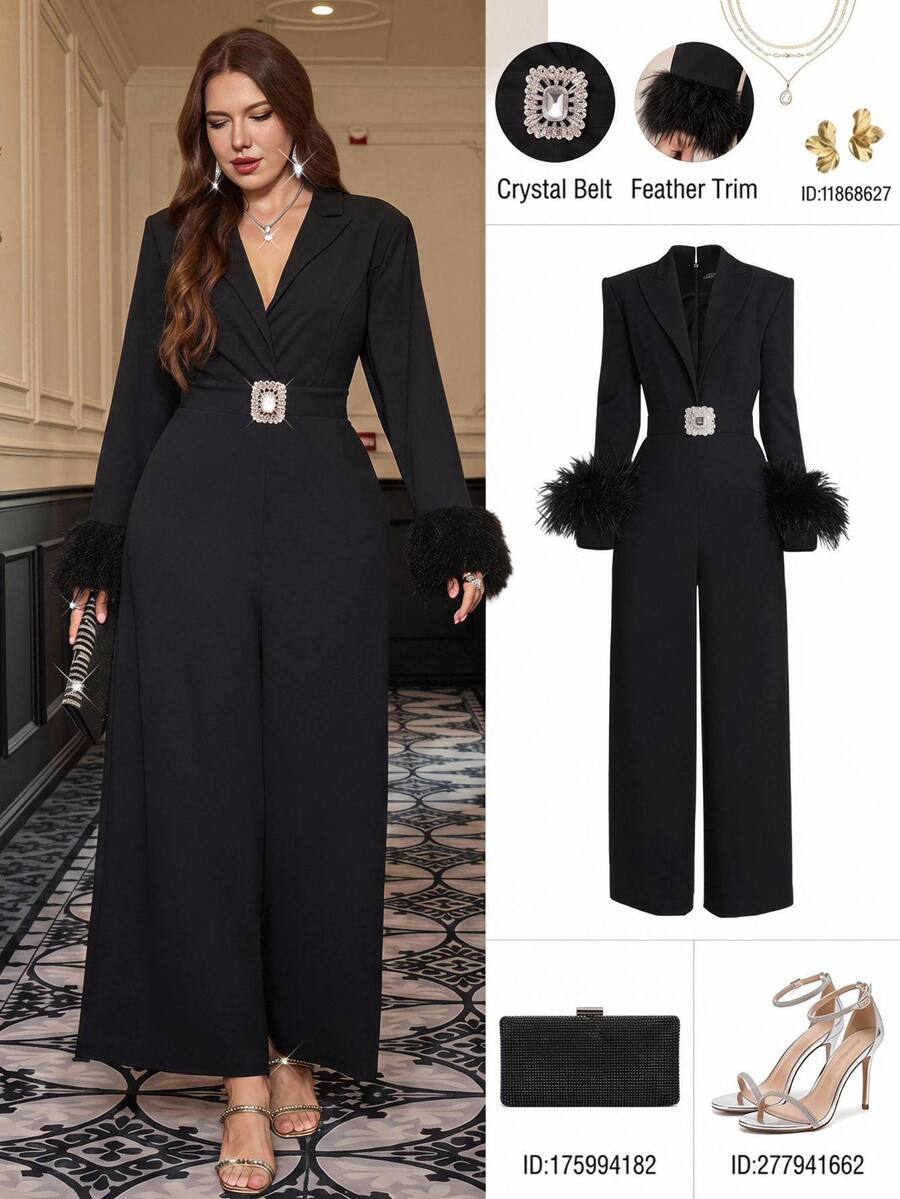 SHEIN Clasi Plus Size Fall/ Fashion Elegant Rhinestone Jumpsuit Party Cocktail Formal Chic Unique Shiny Faux Fur Paneling Christmas Black - Black - View 1