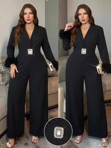 SHEIN Clasi Plus Size Fall/ Fashion Elegant Rhinestone Jumpsuit Party Cocktail Formal Chic Unique Shiny Faux Fur Paneling Christmas Black - Black - View 6