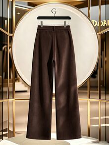 GlowEve Pocket Decor Waist Flared Leg Elegant Women Pants - Brown - View 2